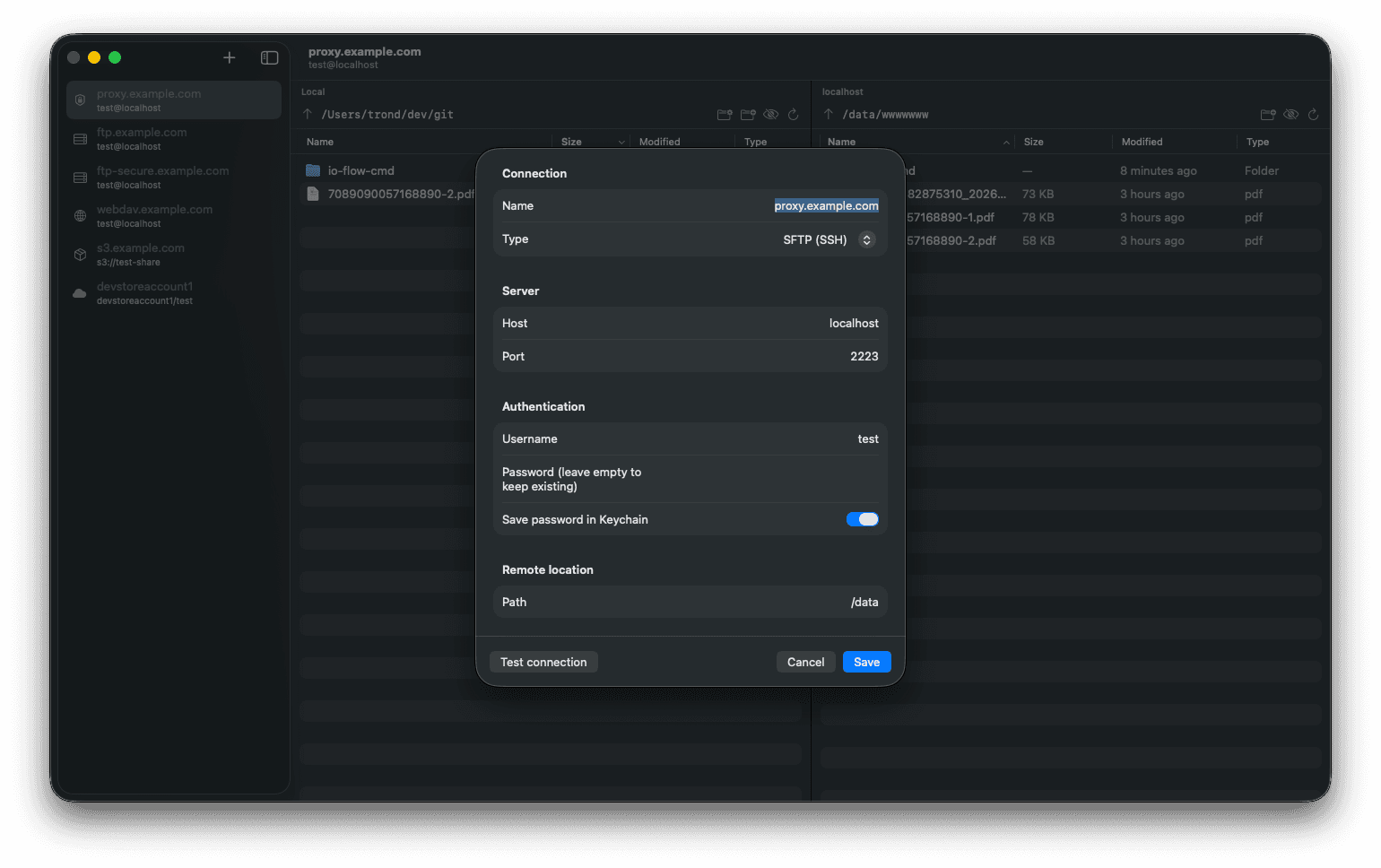 Connection editor for an SFTP profile with host, port, credentials and remote path
