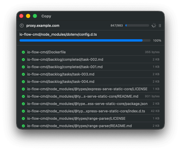 Copy progress window listing transferred files